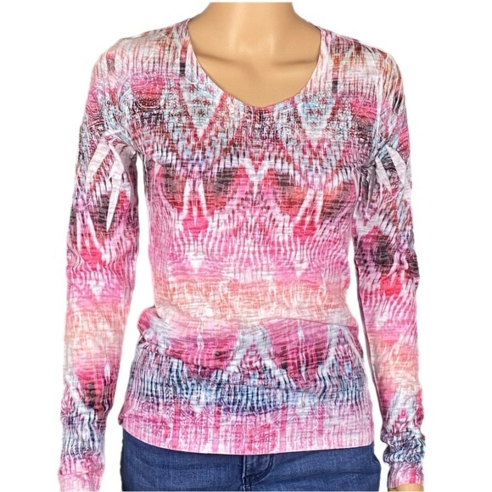 SUNDANCE multicolor lightweight burnout Ikat design long sleeve top Size XS EUC